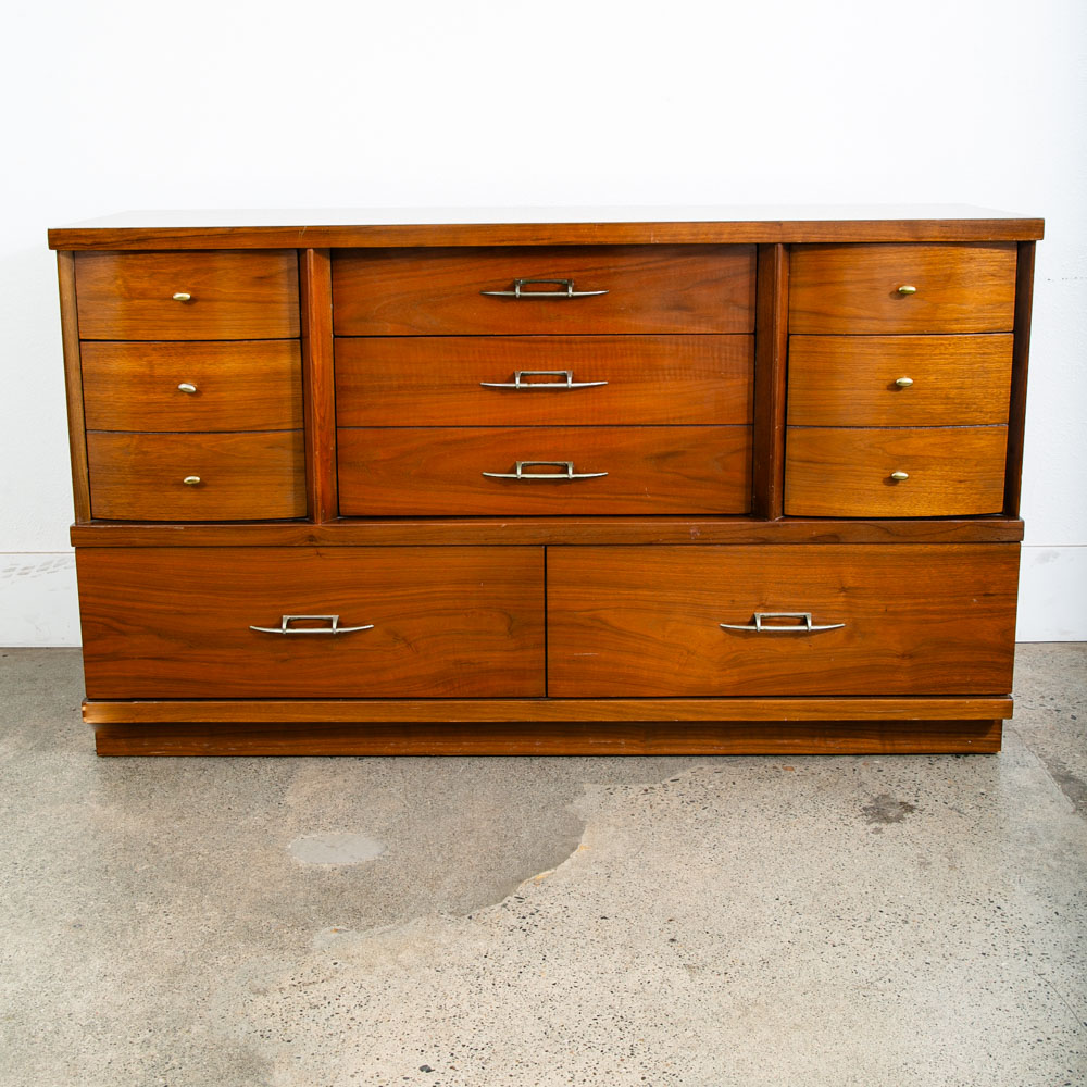 Mid Century Modern Credenza Dresser 8 Drawer Walnut Drew High Brass Trim Mcm
