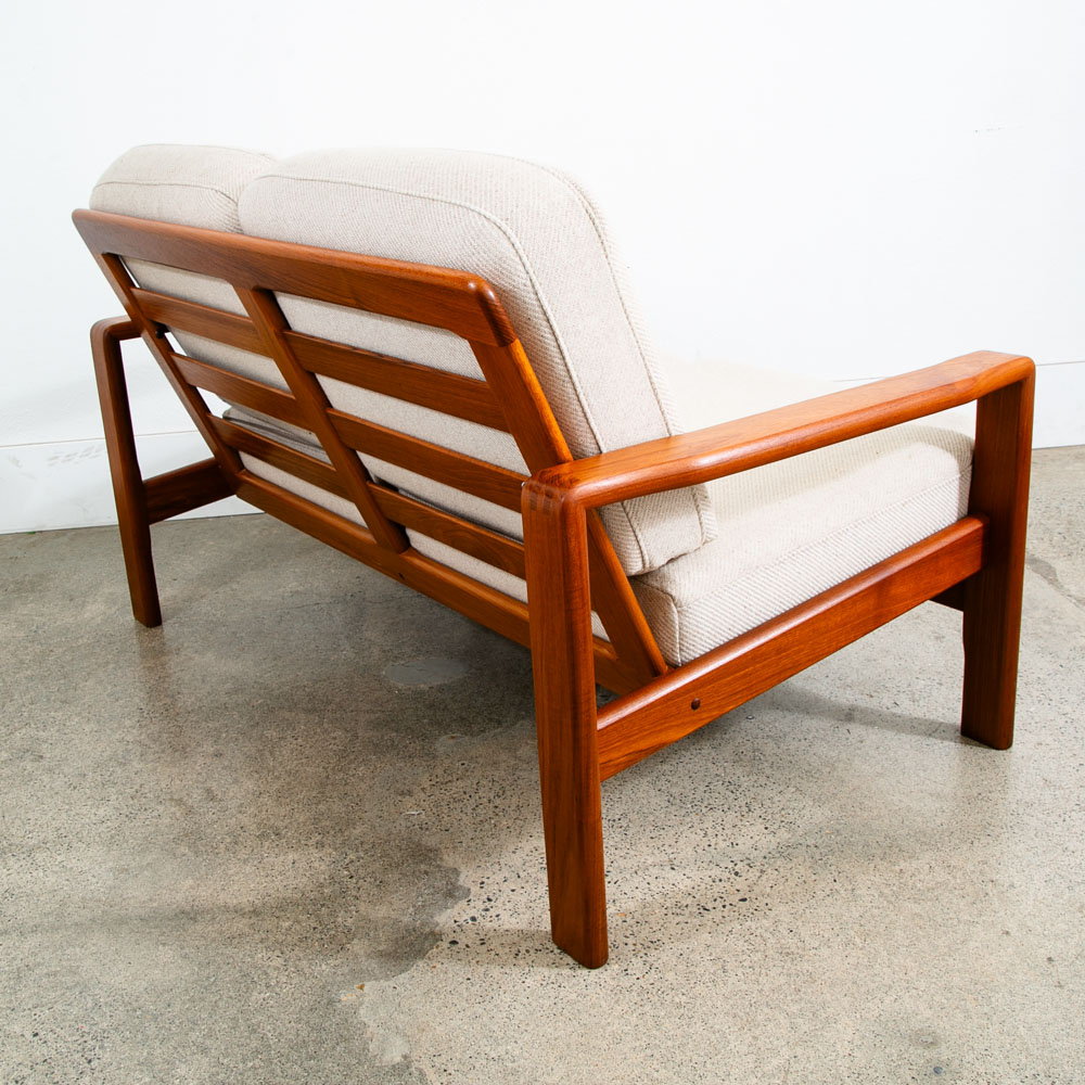 Mid Century Danish Modern Settee Sofa Denmark Solid Teak Wool Tweed Cream White - Image 4
