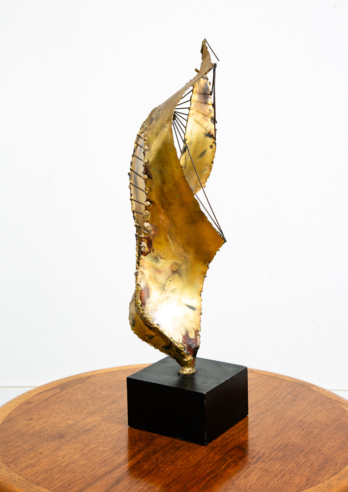 Mid Century Modern Sculpture Brass Metal Modernist Abstract Black Base Vintage