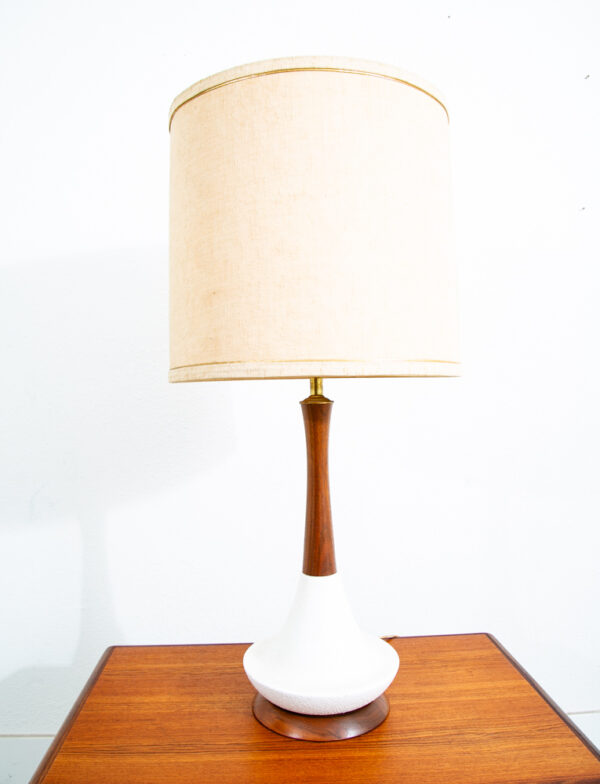 Mid Century Modern Table Lamp Abstract Ceramic Pottery White Black Round Wood - Image 9