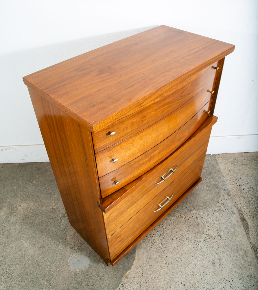 Mid Century Modern Dresser Highboy 4 Drawer Walnut Drew High Brass Trim Mcm - Image 12