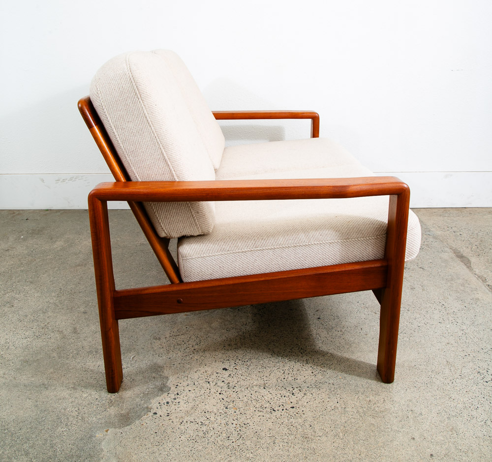 Mid Century Danish Modern Settee Sofa Denmark Solid Teak Wool Tweed Cream White - Image 2