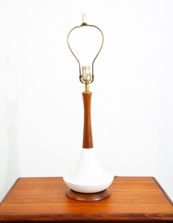 Mid Century Modern Table Lamp Abstract Ceramic Pottery White Black Round Wood - Image 2