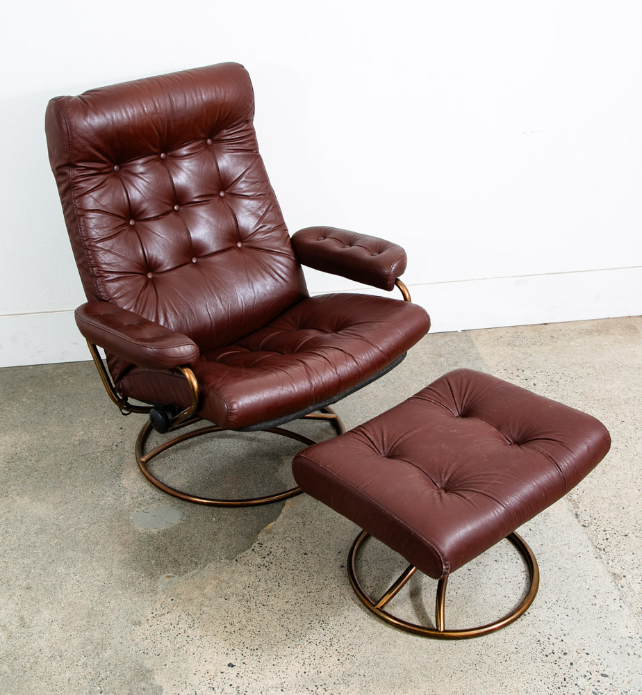 Mid Century Modern Lounge Chair Burgundy Leather Ekornes Recliner Brown Arm Mcm - Image 3