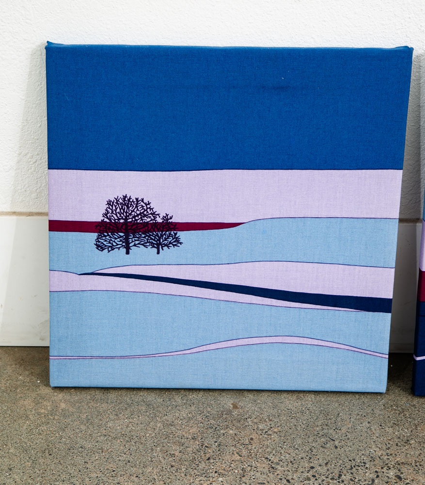 Mid Century Modern Tapestry Wall Art Blue Landscapes Trees Set 3 Sara Popovits - Image 3