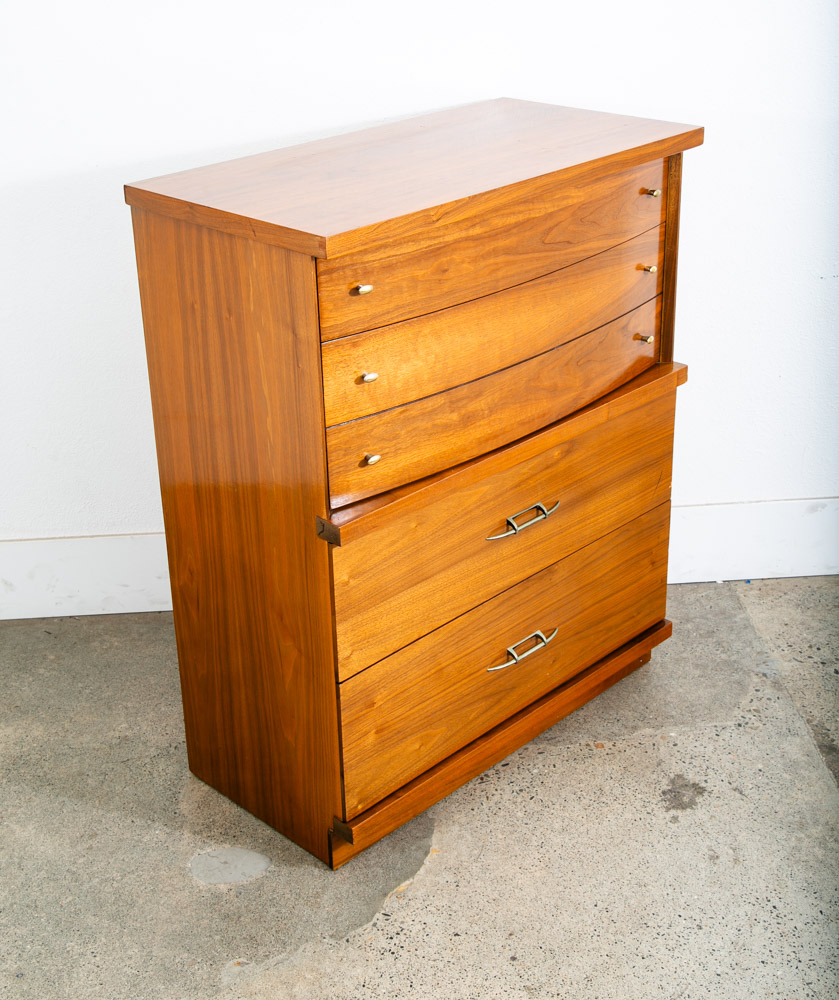 Mid Century Modern Dresser Highboy 4 Drawer Walnut Drew High Brass Trim Mcm - Image 2