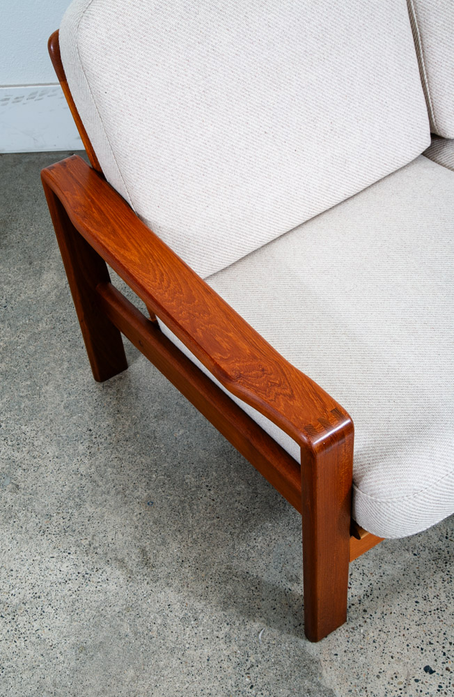 Mid Century Danish Modern Settee Sofa Denmark Solid Teak Wool Tweed Cream White - Image 10