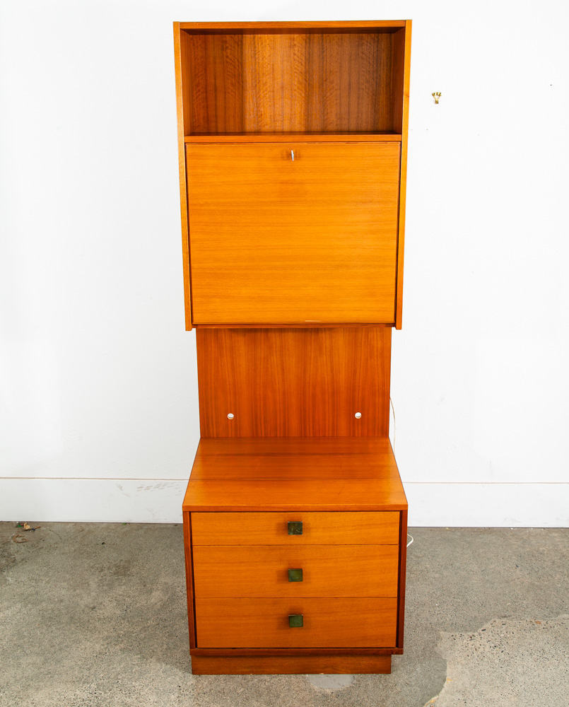 Mid Century Danish Modern Cabinet Wall Unit Hutch Compact Teak Glass Drop Down - Image 2