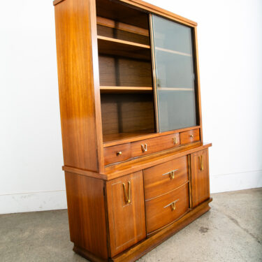 Mid Century Modern China Cabinet Stanley Hutch Storage Glass Doors Drawer Walnut