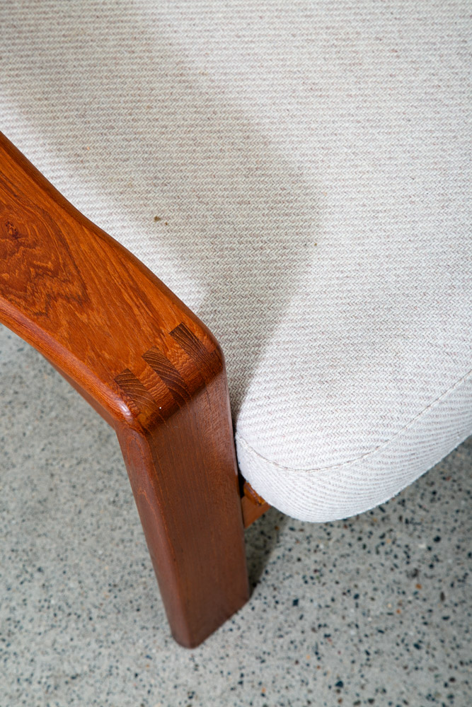 Mid Century Danish Modern Settee Sofa Denmark Solid Teak Wool Tweed Cream White - Image 11