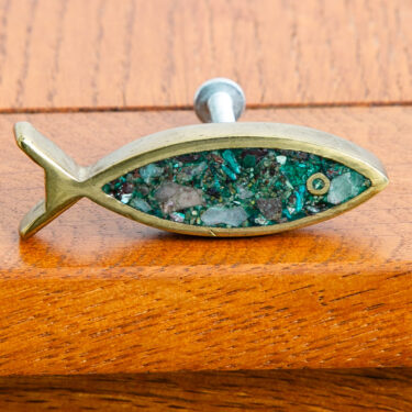 Mid Century Modern Drawer Handle Fish Cast Brass Artisan Stone Gold Green Mcm