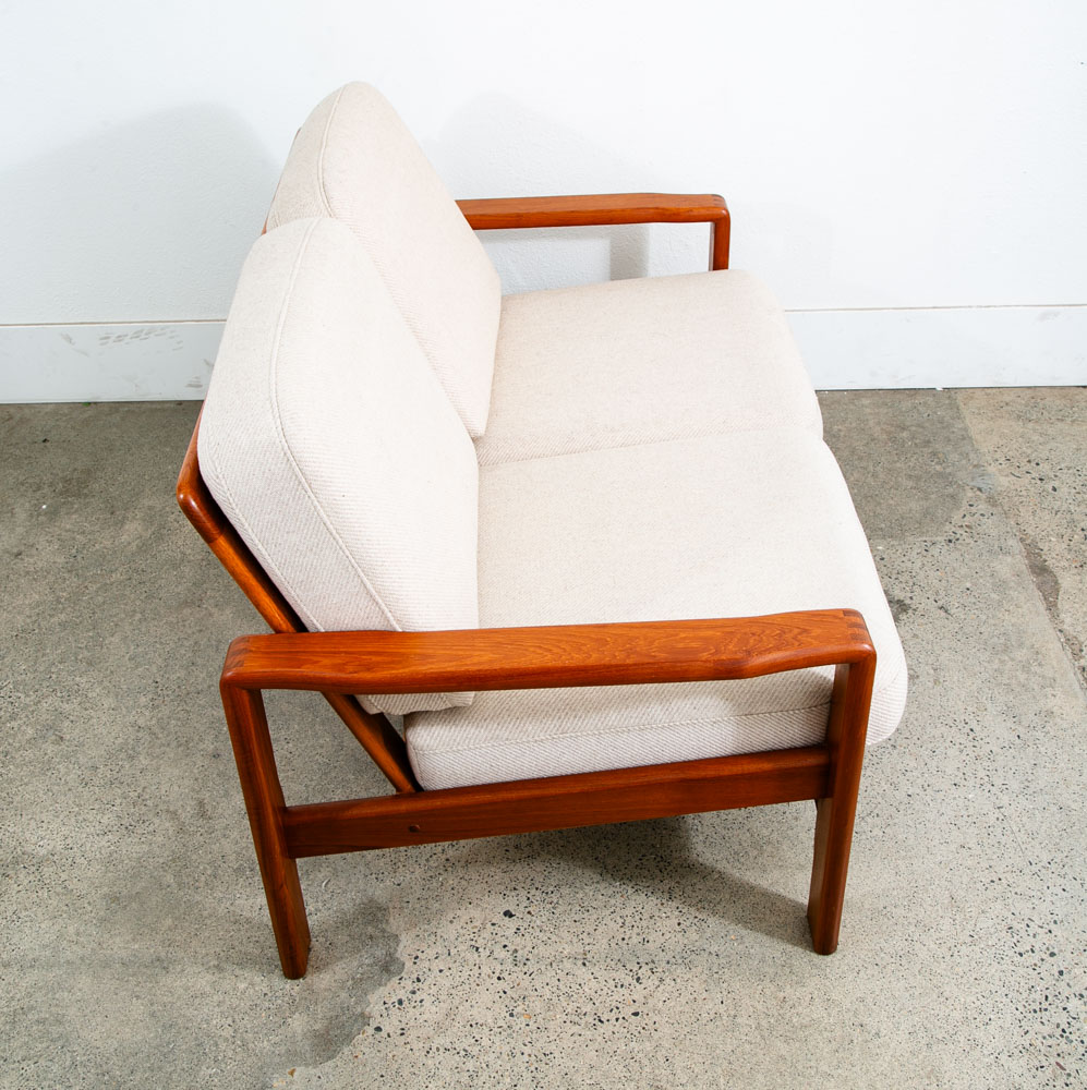 Mid Century Danish Modern Settee Sofa Denmark Solid Teak Wool Tweed Cream White - Image 5