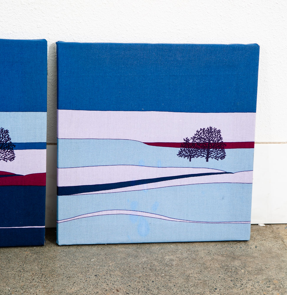 Mid Century Modern Tapestry Wall Art Blue Landscapes Trees Set 3 Sara Popovits - Image 4