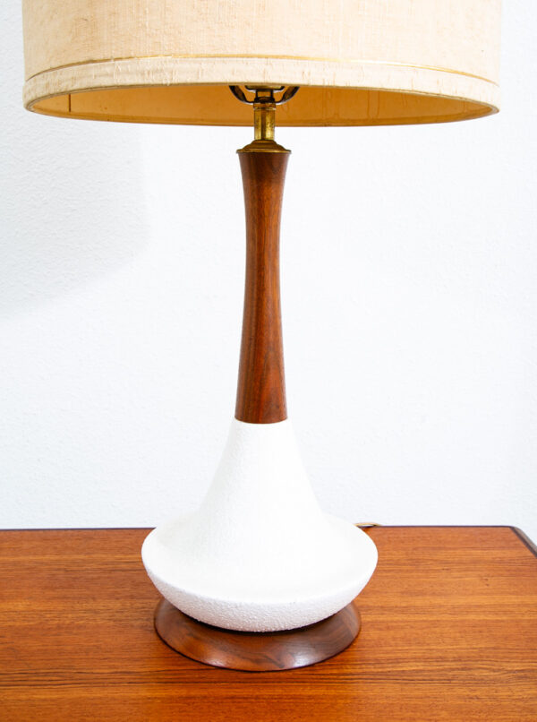Mid Century Modern Table Lamp Abstract Ceramic Pottery White Black Round Wood - Image 3