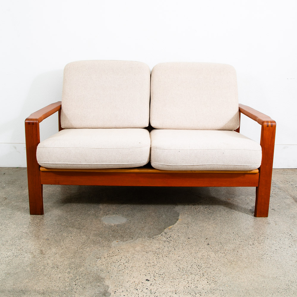 Mid Century Danish Modern Settee Sofa Denmark Solid Teak Wool Tweed Cream White - Image 3
