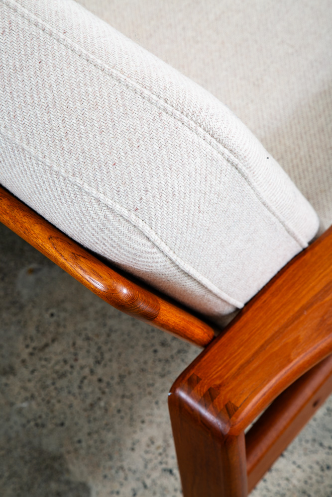 Mid Century Danish Modern Settee Sofa Denmark Solid Teak Wool Tweed Cream White - Image 9