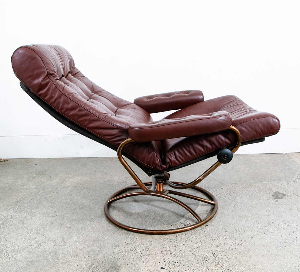 Mid Century Modern Lounge Chair Burgundy Leather Ekornes Recliner Brown Arm Mcm - Image 10