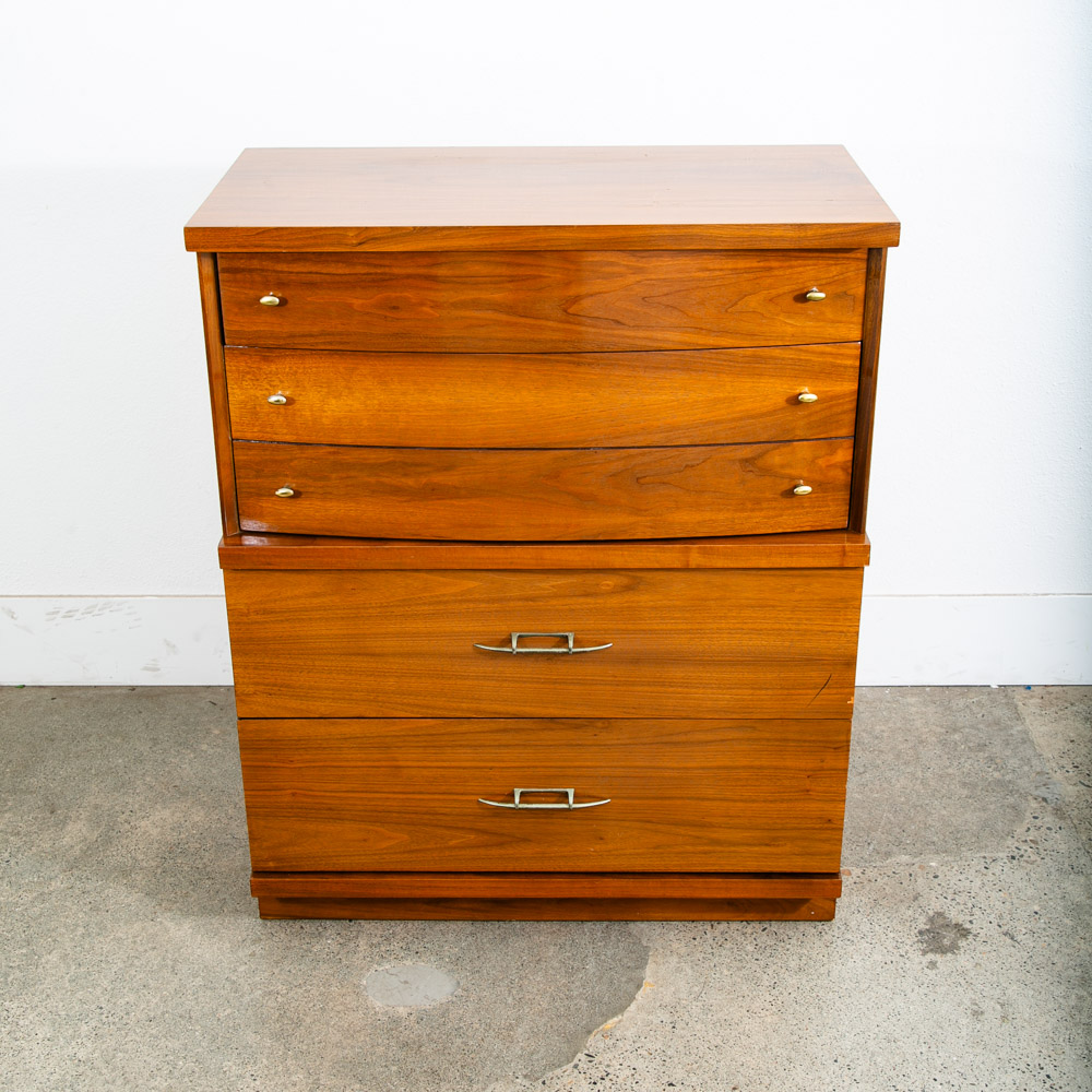 Mid Century Modern Dresser Highboy 4 Drawer Walnut Drew High Brass Trim Mcm - Image 5