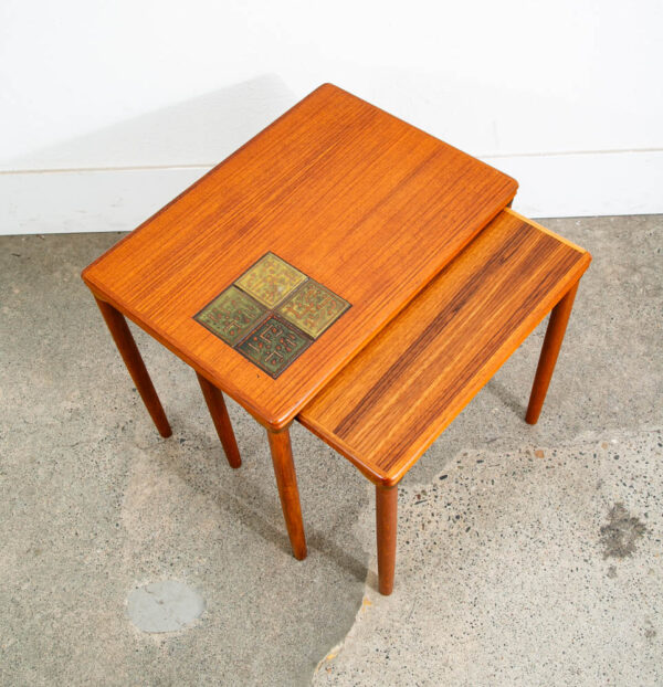 Mid Century Danish Modern Nesting Tables Solid Teak Pair Set 2 Denmark Ceramic - Image 2