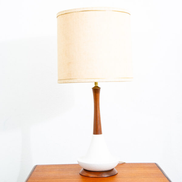 Mid Century Modern Table Lamp Abstract Ceramic Pottery White Black Round Wood