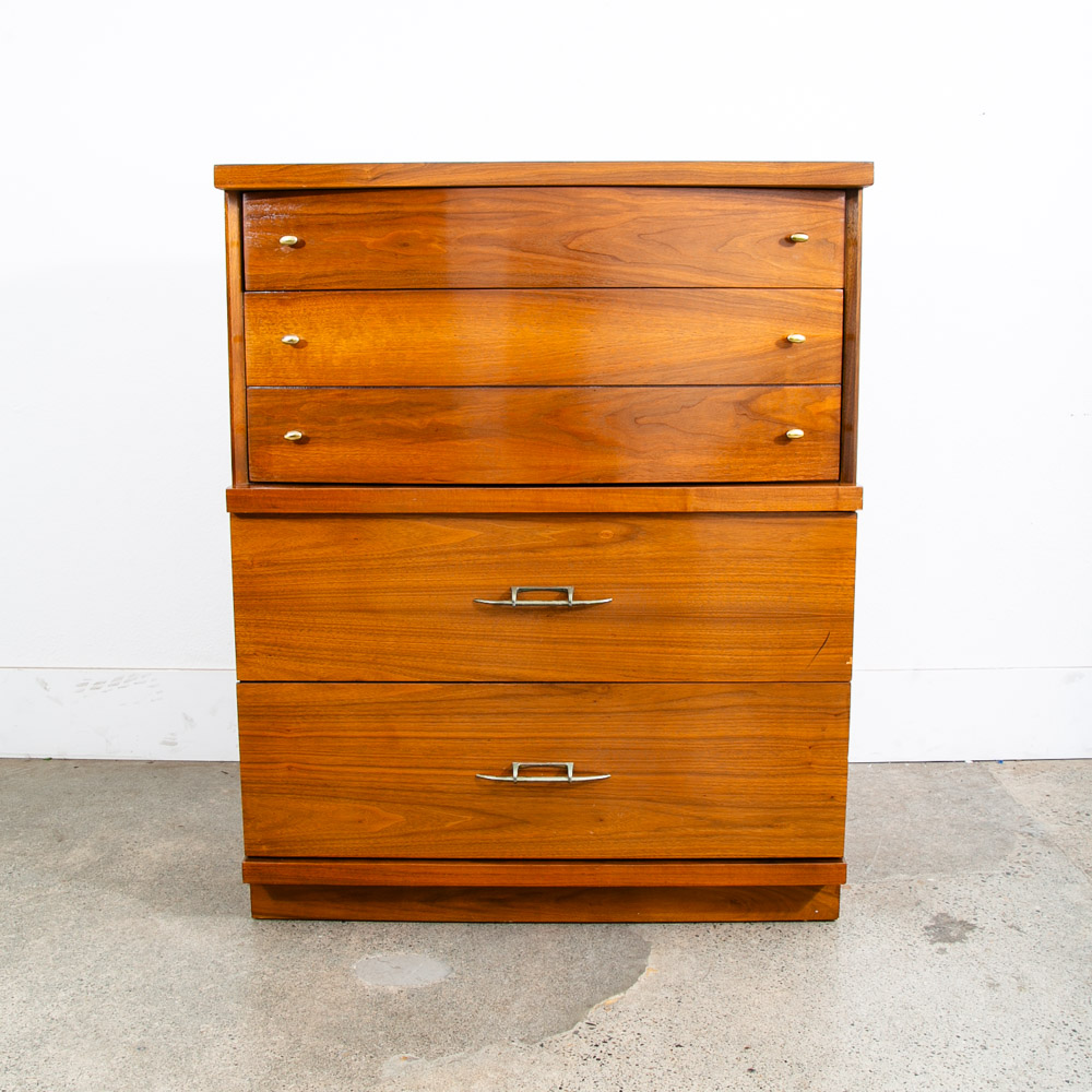 Mid Century Modern Dresser Highboy 4 Drawer Walnut Drew High Brass Trim Mcm