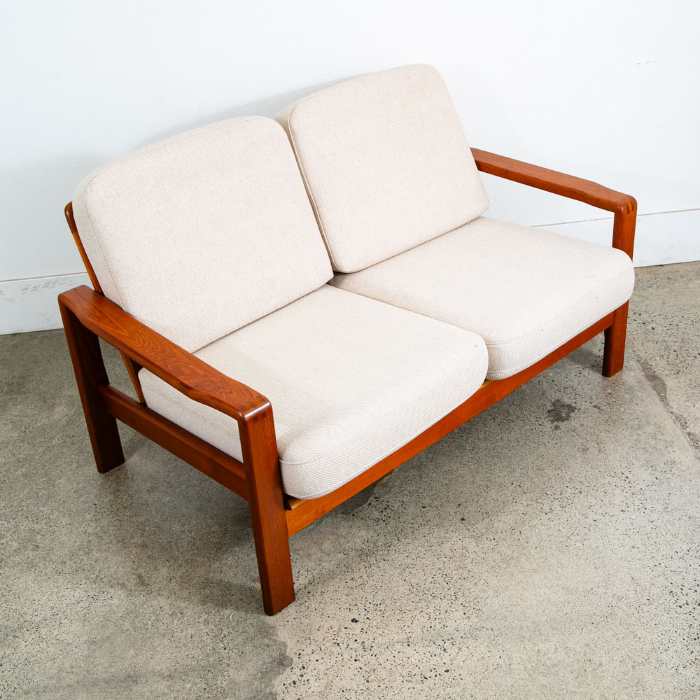 Mid Century Danish Modern Settee Sofa Denmark Solid Teak Wool Tweed Cream White - Image 6