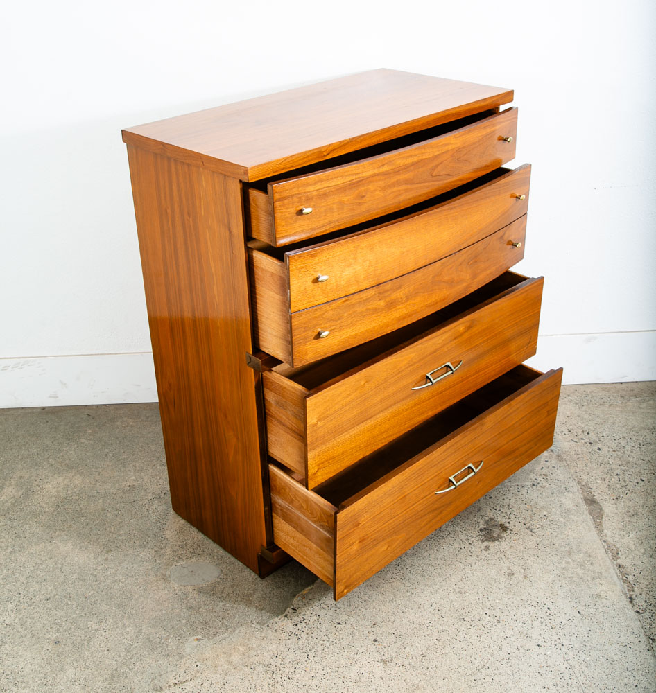 Mid Century Modern Dresser Highboy 4 Drawer Walnut Drew High Brass Trim Mcm - Image 6