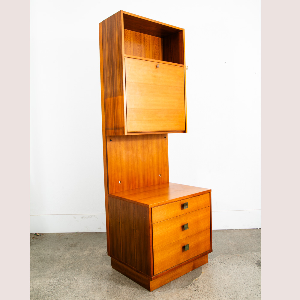 Mid Century Danish Modern Cabinet Wall Unit Hutch Compact Teak Glass Drop Down