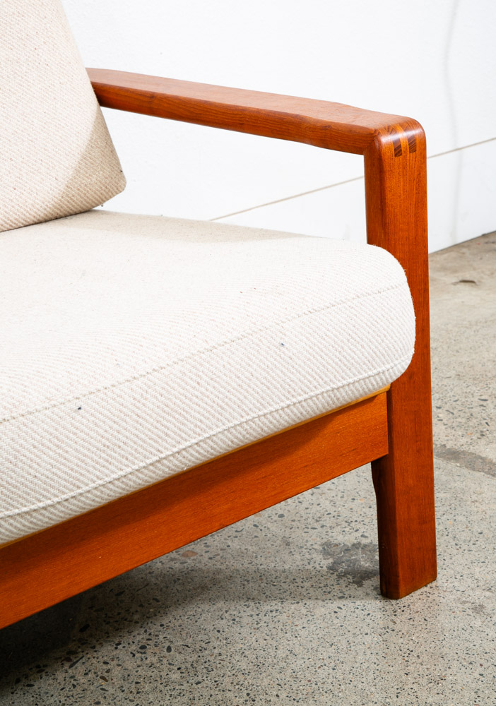 Mid Century Danish Modern Settee Sofa Denmark Solid Teak Wool Tweed Cream White - Image 8