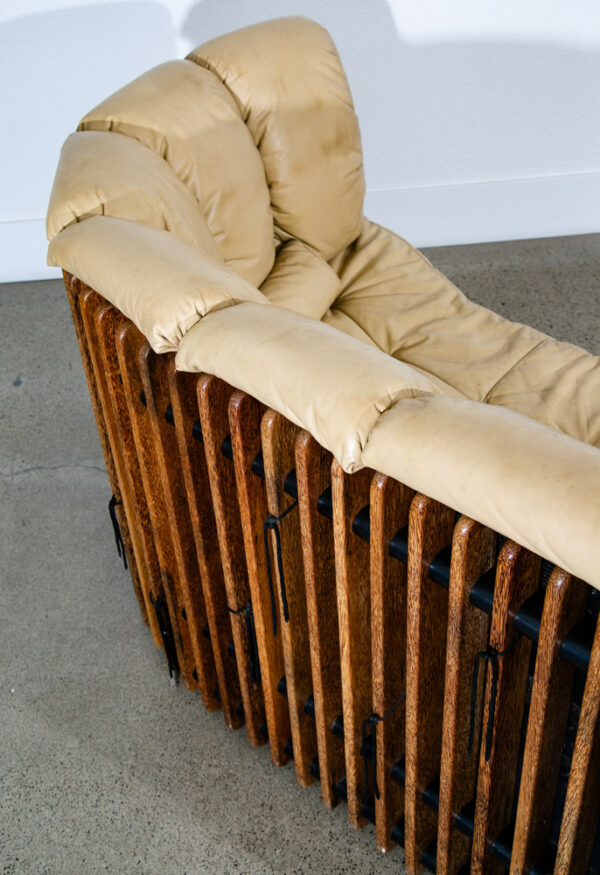 Mid Century Modern Sofa Couch 3 Seater Pacific Green Leather Natural Tan Wood VG - Image 9