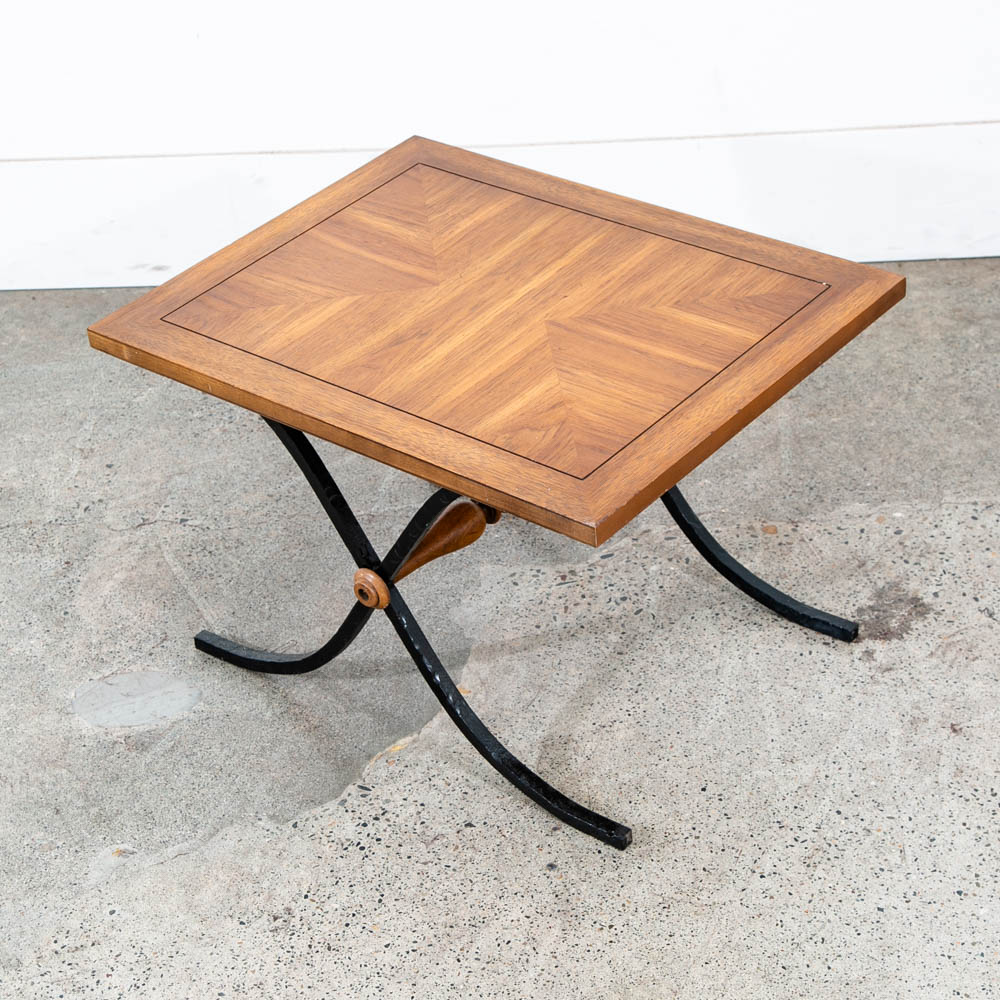 Mid Century Modern End Table Side Oak Wood Iron Metal X Base Drexel Cocktail Low