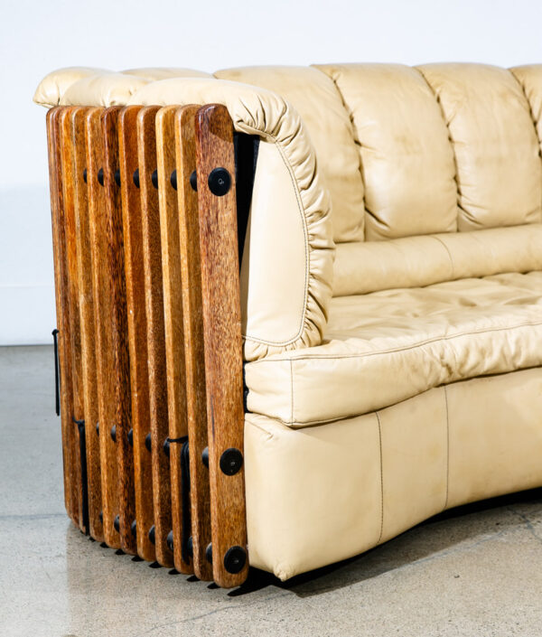 Mid Century Modern Sofa Couch 3 Seater Pacific Green Leather Natural Tan Wood VG - Image 7