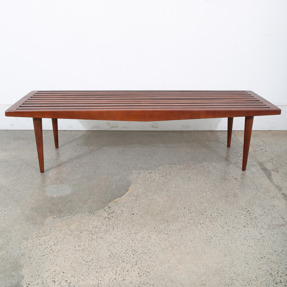 Mid Century Modern Slat Bench Coffee Table American Vintage Brown Wood Restored - Image 5