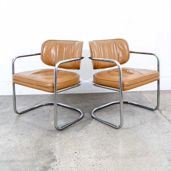 Mid Century Modern Lounge Chair Set Armchair Cognac Tan Caramel Leather Chrome 2