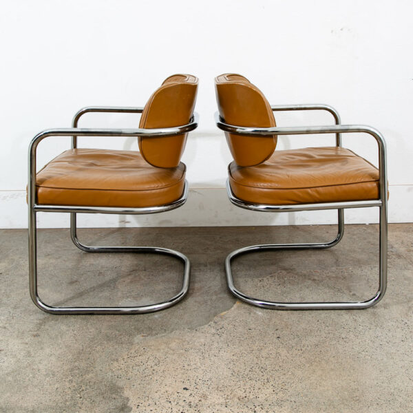 Mid Century Modern Lounge Chair Set Armchair Cognac Tan Caramel Leather Chrome 2 - Image 4