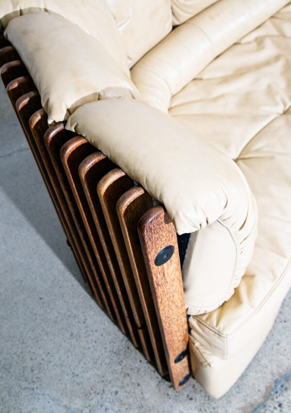 Mid Century Modern Sofa Couch 3 Seater Pacific Green Leather Natural Tan Wood VG - Image 8