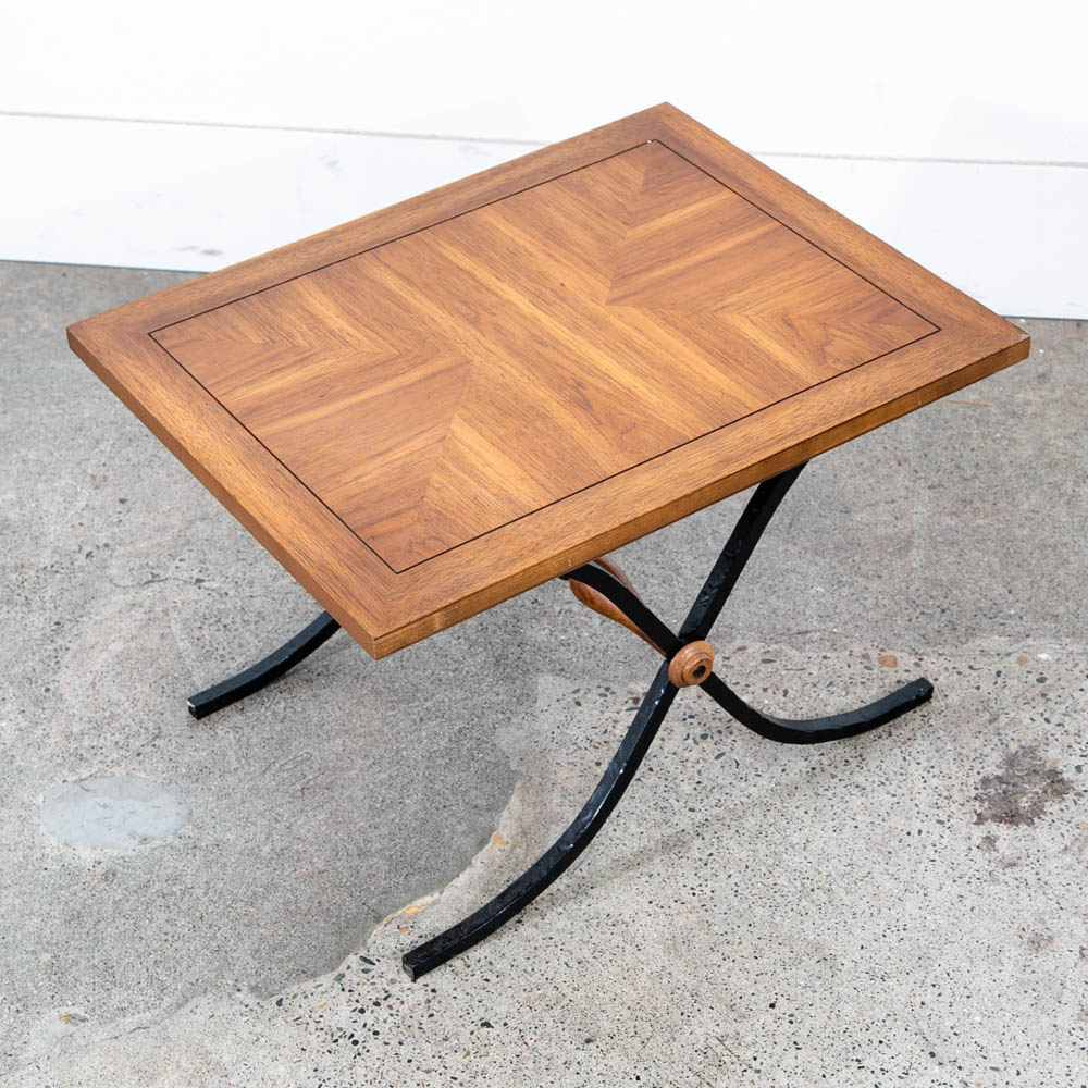 Mid Century Modern End Table Side Oak Wood Iron Metal X Base Drexel Cocktail Low - Image 3