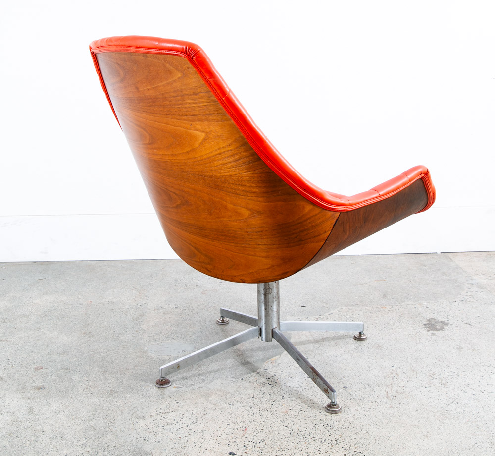 Mid Century Modern Lounge Chair Set Plycraft Orange Tufted Swivel Walnut Metal - Image 8