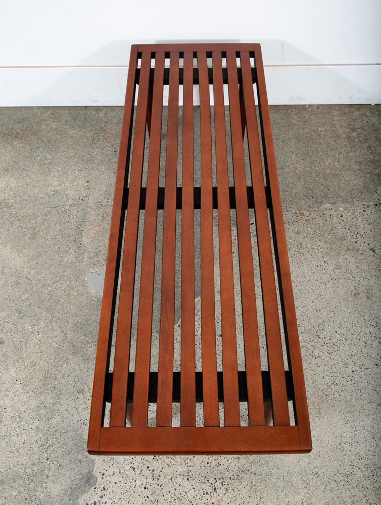 Mid Century Modern Slat Bench Coffee Table American Vintage Brown Wood Restored - Image 4