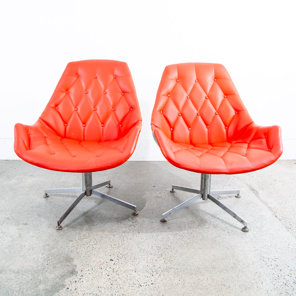 Mid Century Modern Lounge Chair Set Plycraft Orange Tufted Swivel Walnut Metal - Image 2