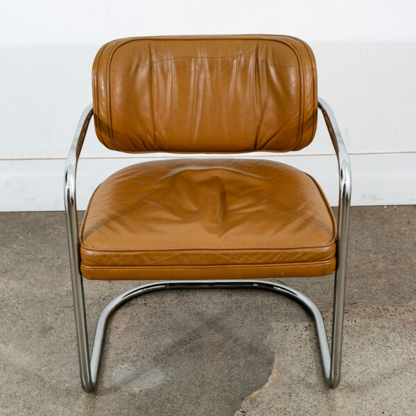 Mid Century Modern Lounge Chair Set Armchair Cognac Tan Caramel Leather Chrome 2 - Image 11