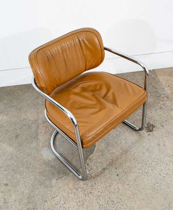 Mid Century Modern Lounge Chair Set Armchair Cognac Tan Caramel Leather Chrome 2 - Image 8