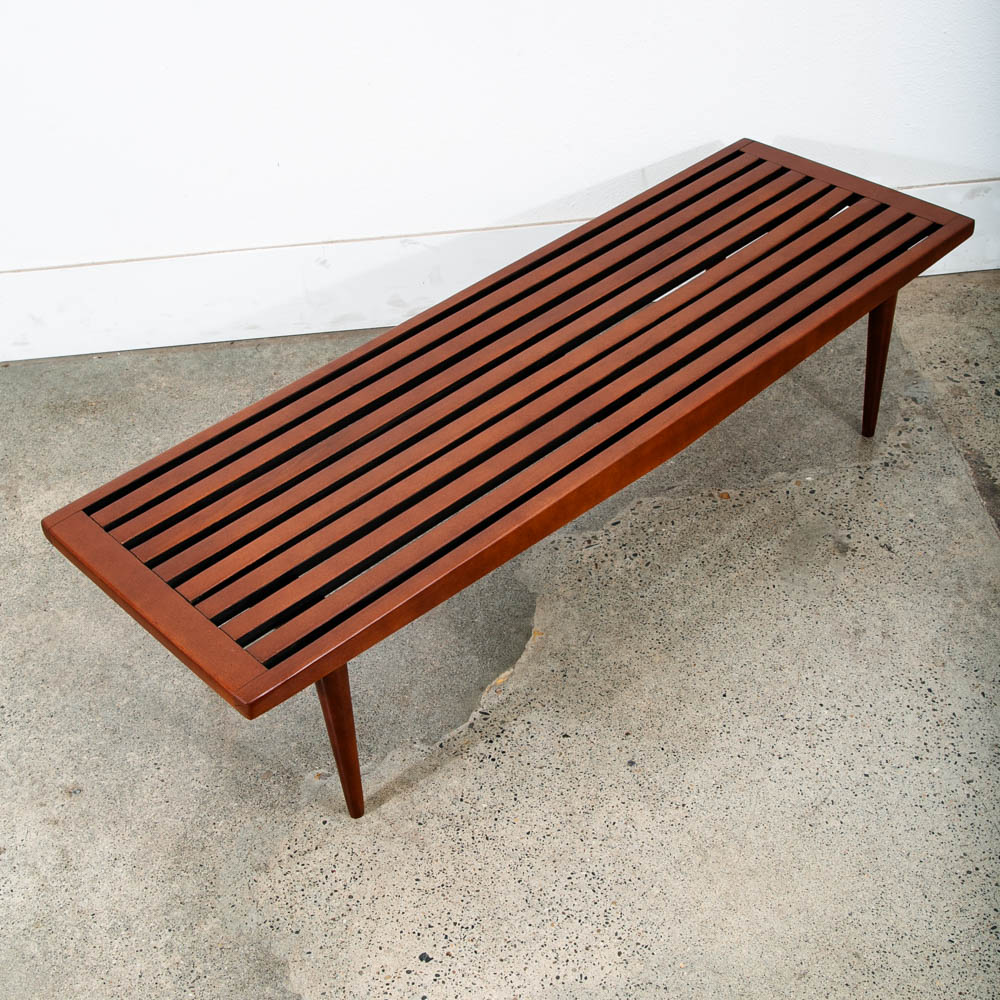 Mid Century Modern Slat Bench Coffee Table American Vintage Brown Wood Restored - Image 2