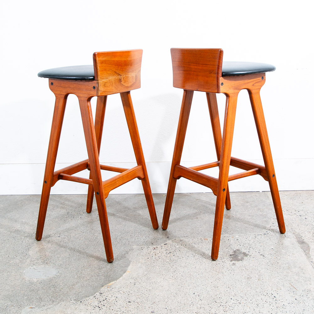 Mid Century Modern Bar Stools Set 2 Black Erik Buch Solid Teak Christiansens Mcm - Image 3