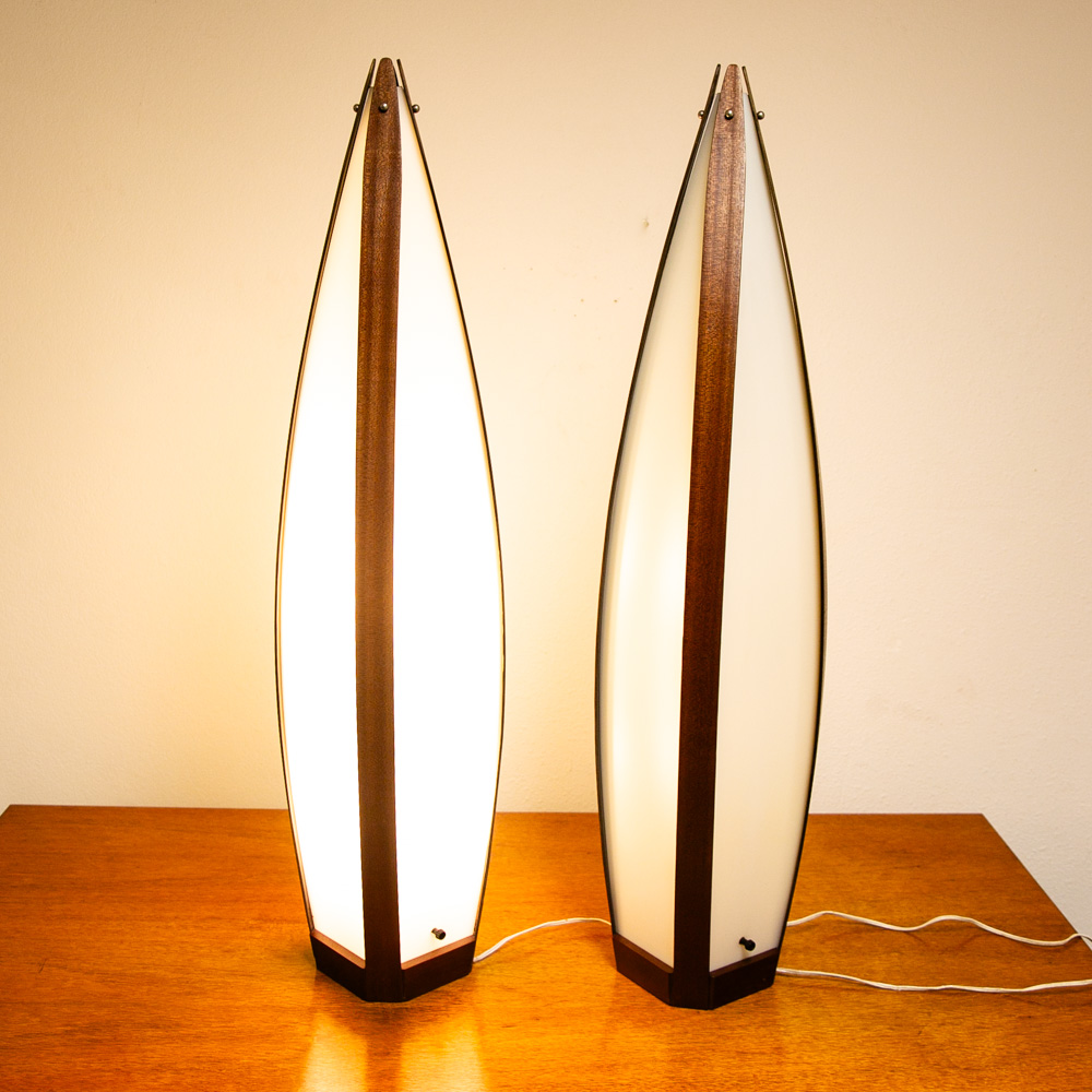 Mid Century Modern Lamp Set Table Light lighting Modeline Wood White Mahogany - Image 10