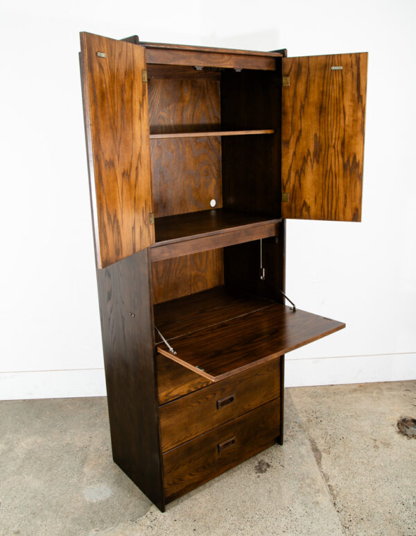Mid Century Danish Modern Bookshelf Cabinet Oak Doors Drop Down Desk Compact Mcm - Image 4