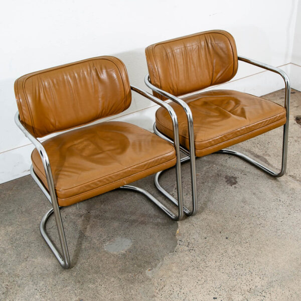 Mid Century Modern Lounge Chair Set Armchair Cognac Tan Caramel Leather Chrome 2 - Image 6