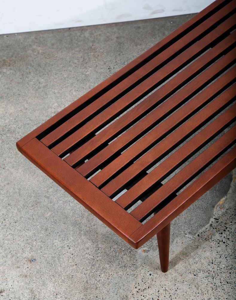 Mid Century Modern Slat Bench Coffee Table American Vintage Brown Wood Restored - Image 10