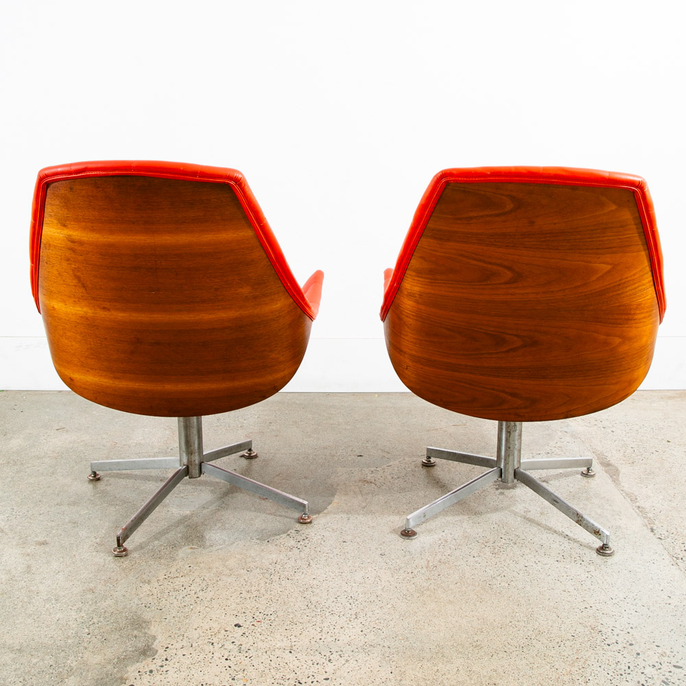 Mid Century Modern Lounge Chair Set Plycraft Orange Tufted Swivel Walnut Metal - Image 5