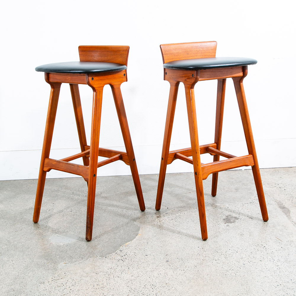 Mid Century Modern Bar Stools Set 2 Black Erik Buch Solid Teak Christiansens Mcm - Image 4